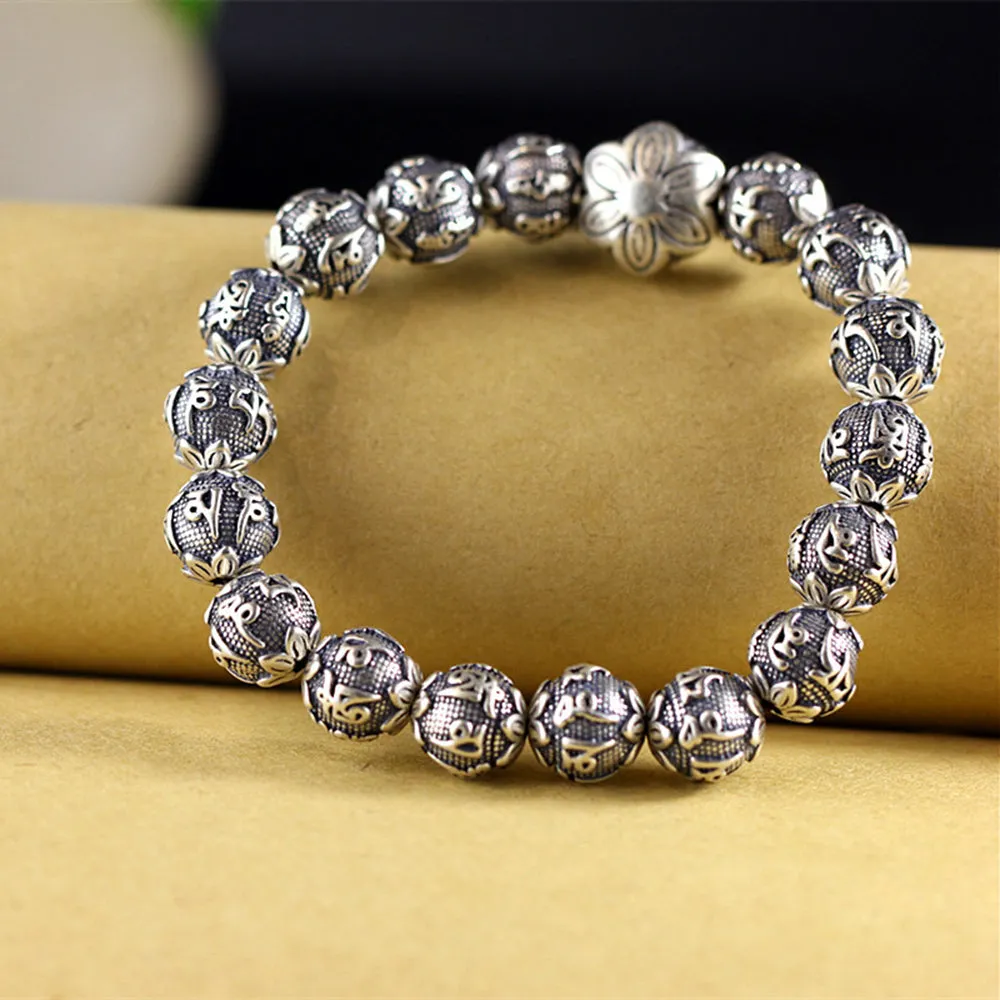 Men's Real Solid 925 Sterling Silver Bracelets Link Chain Beads Om Mani Padme Hum Luck Jewelry