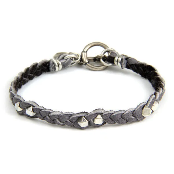 Mens Silver Faceted Bead Grey Braided Bracelet