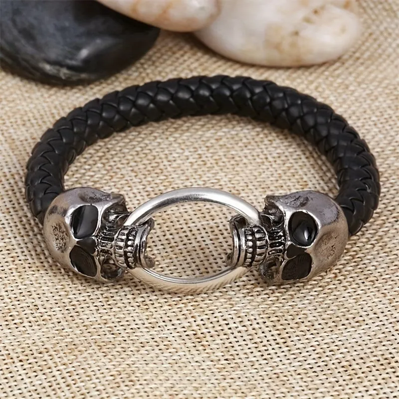 Men's Skull Braided Leather Gothic Bracelet