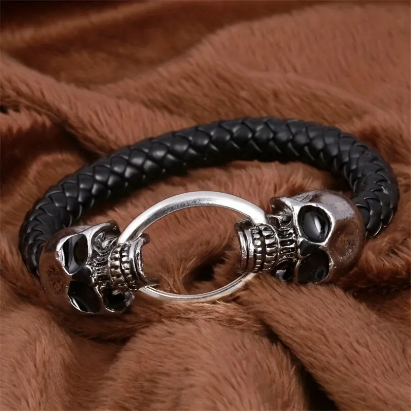 Men's Skull Braided Leather Gothic Bracelet