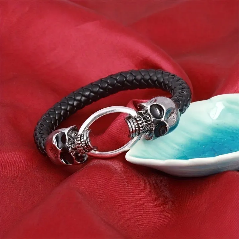 Men's Skull Braided Leather Gothic Bracelet