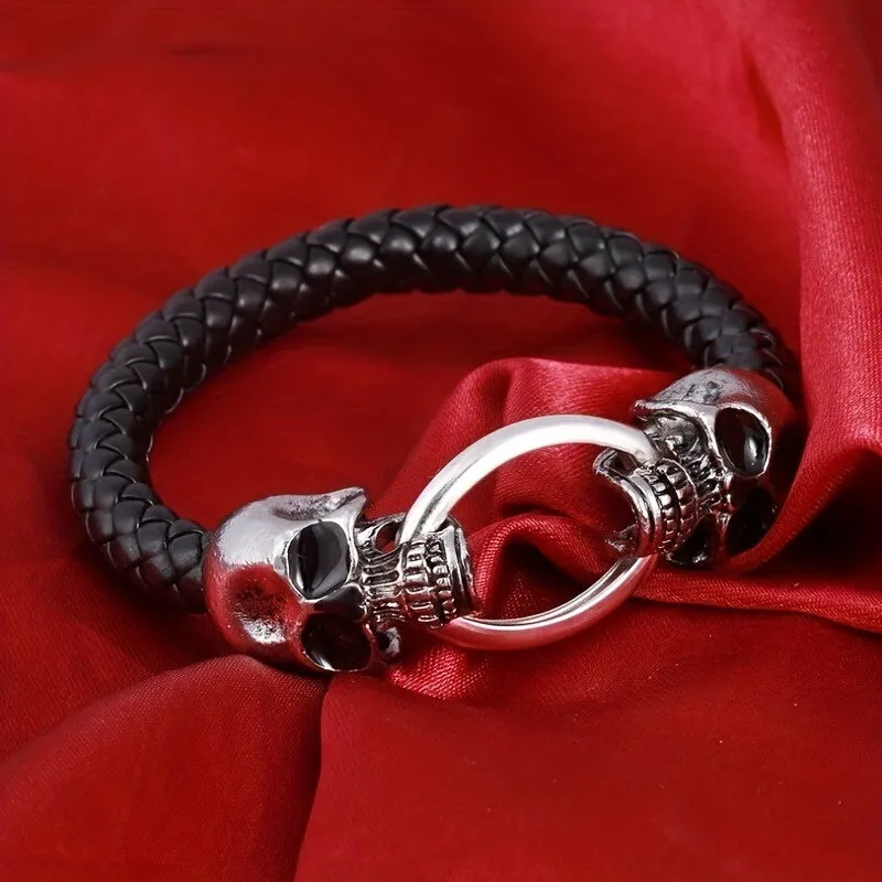 Men's Skull Braided Leather Gothic Bracelet