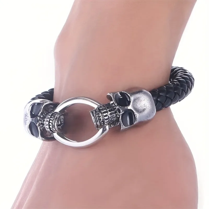 Men's Skull Braided Leather Gothic Bracelet