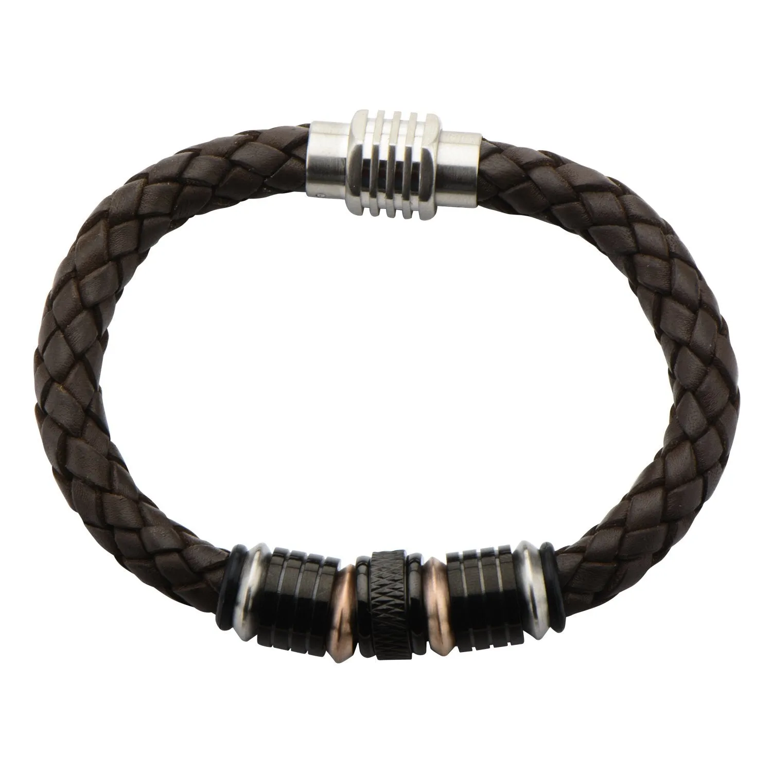 Mens Stainless Steel Beads in Brown Braided Leather 9.5mm Bracelet
