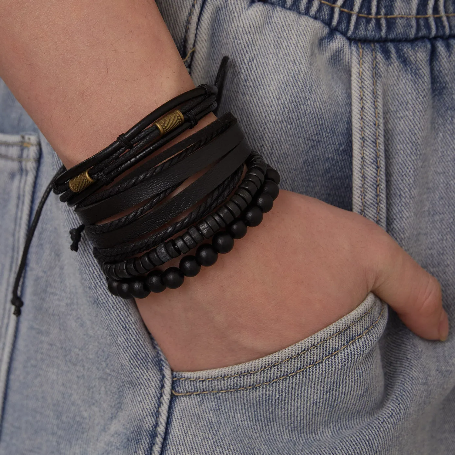 Men's Wooden Beaded Braided Leather Bracelet Set