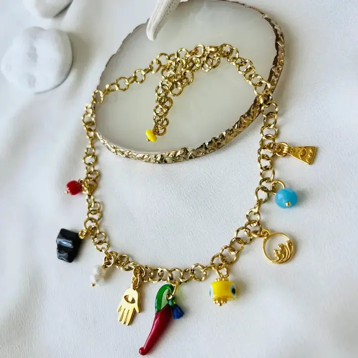 Multi Charm Summer Necklace and Blue Beaded Necklace