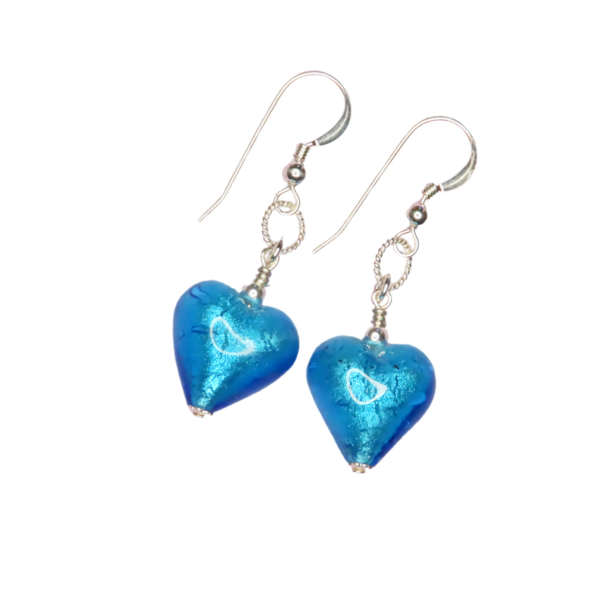 Murano Glass Aqua Heart Silver Earrings
