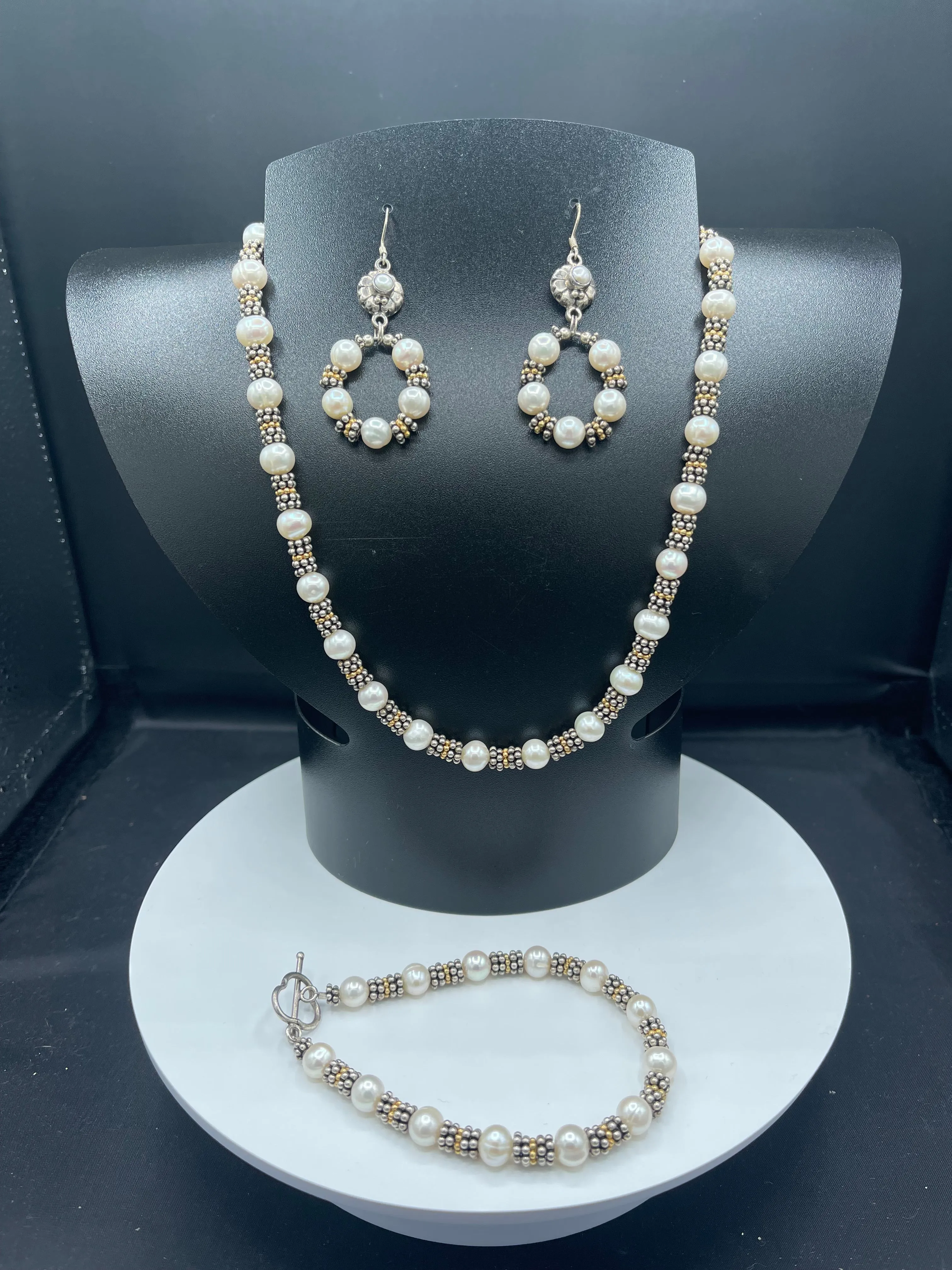Natural Freshwater Pearl Bali Sterling Silver Bead Handmade Necklace Bracelet & Earring Set