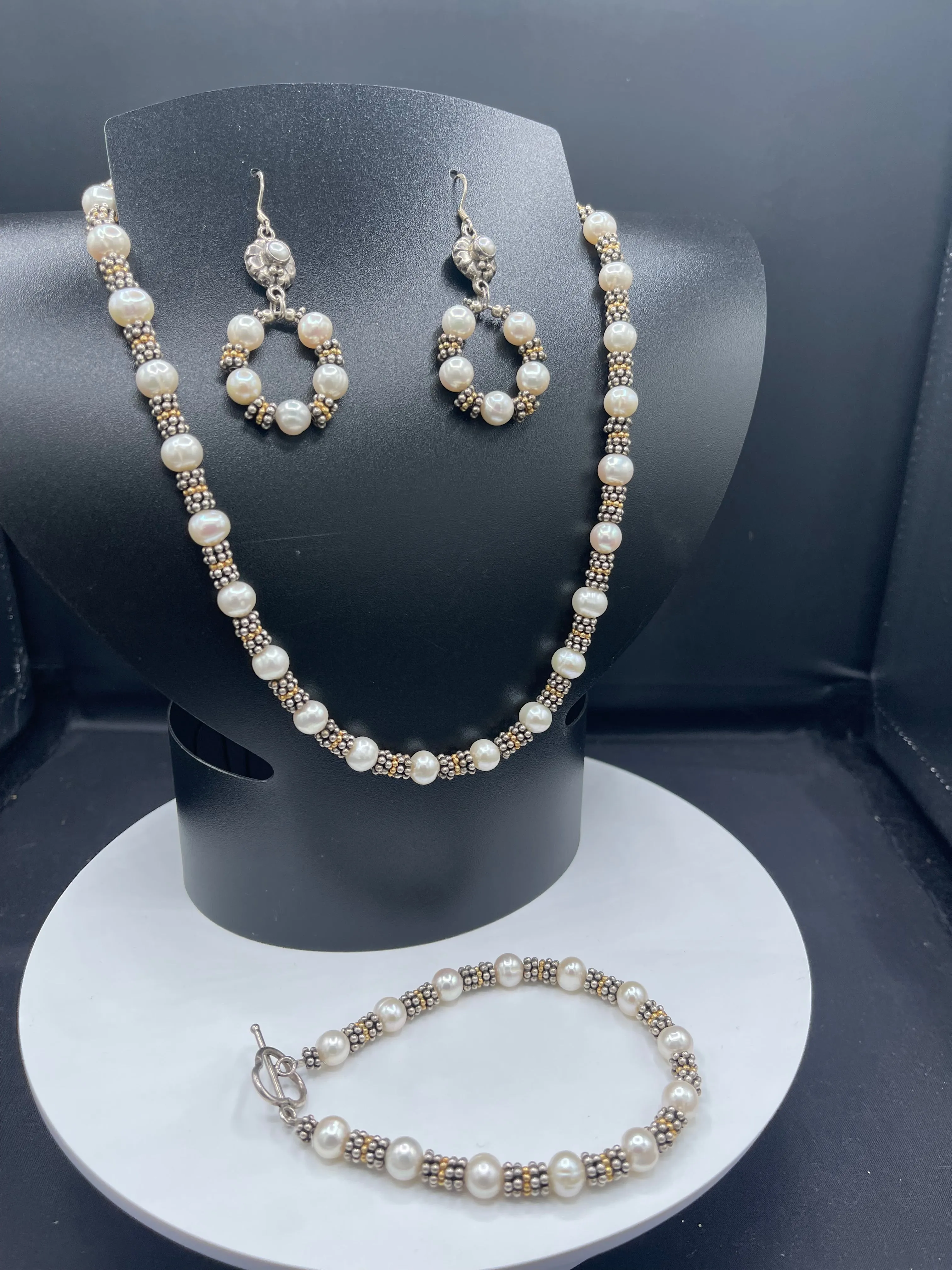 Natural Freshwater Pearl Bali Sterling Silver Bead Handmade Necklace Bracelet & Earring Set