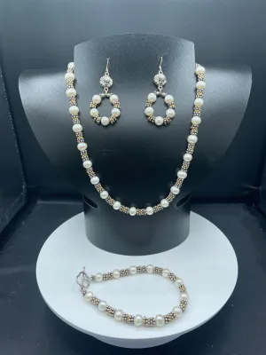 Natural Freshwater Pearl Bali Sterling Silver Bead Handmade Necklace Bracelet & Earring Set