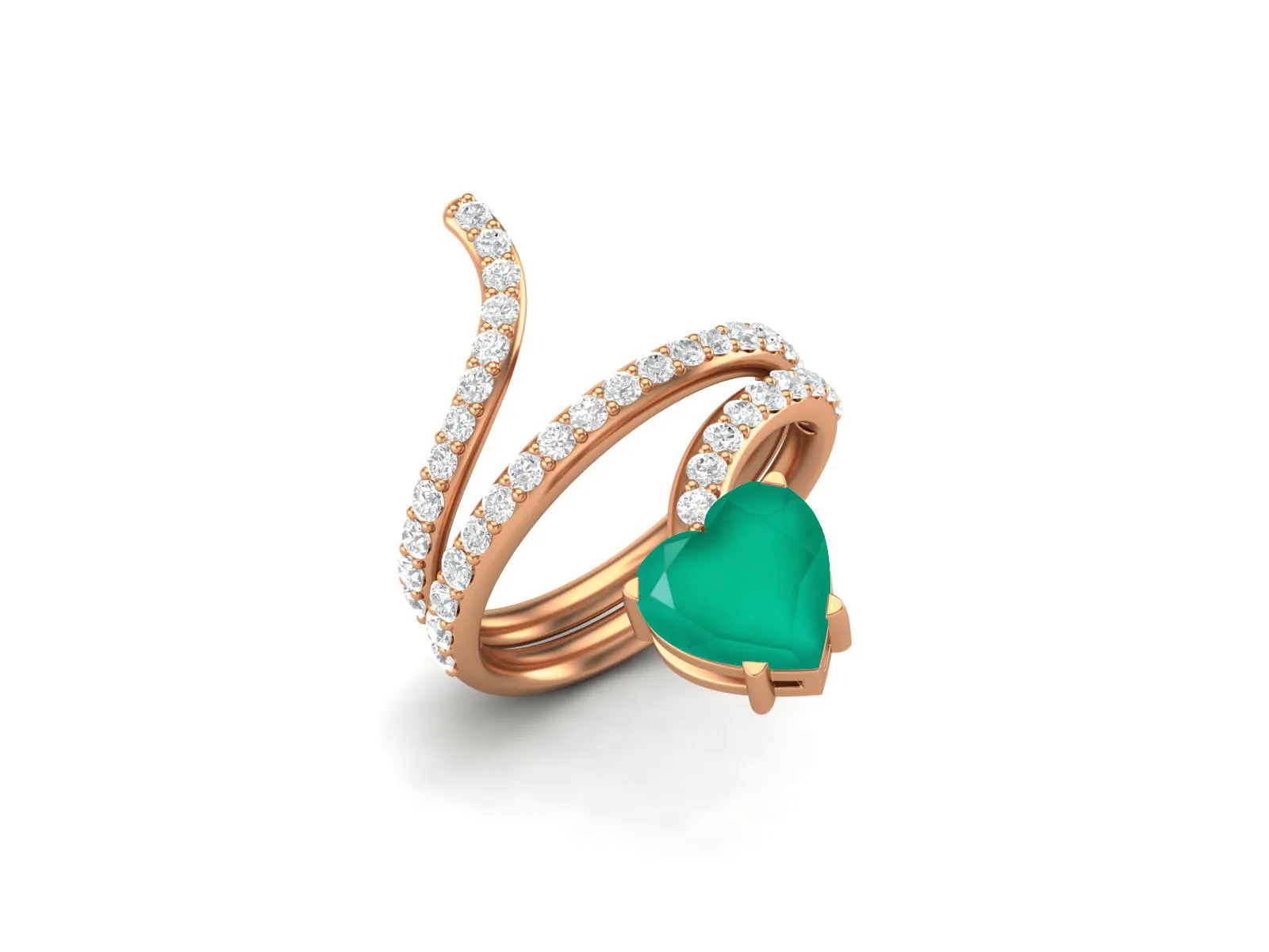 Natural Green Onyx Bypass Cobra Snake Engagement Ring Heart Shaped Wedding Ring