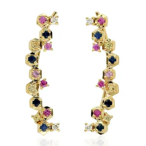 Natural Sapphire Ear Climber Earrings 18K Yellow Gold Diamond Jewelry Gift