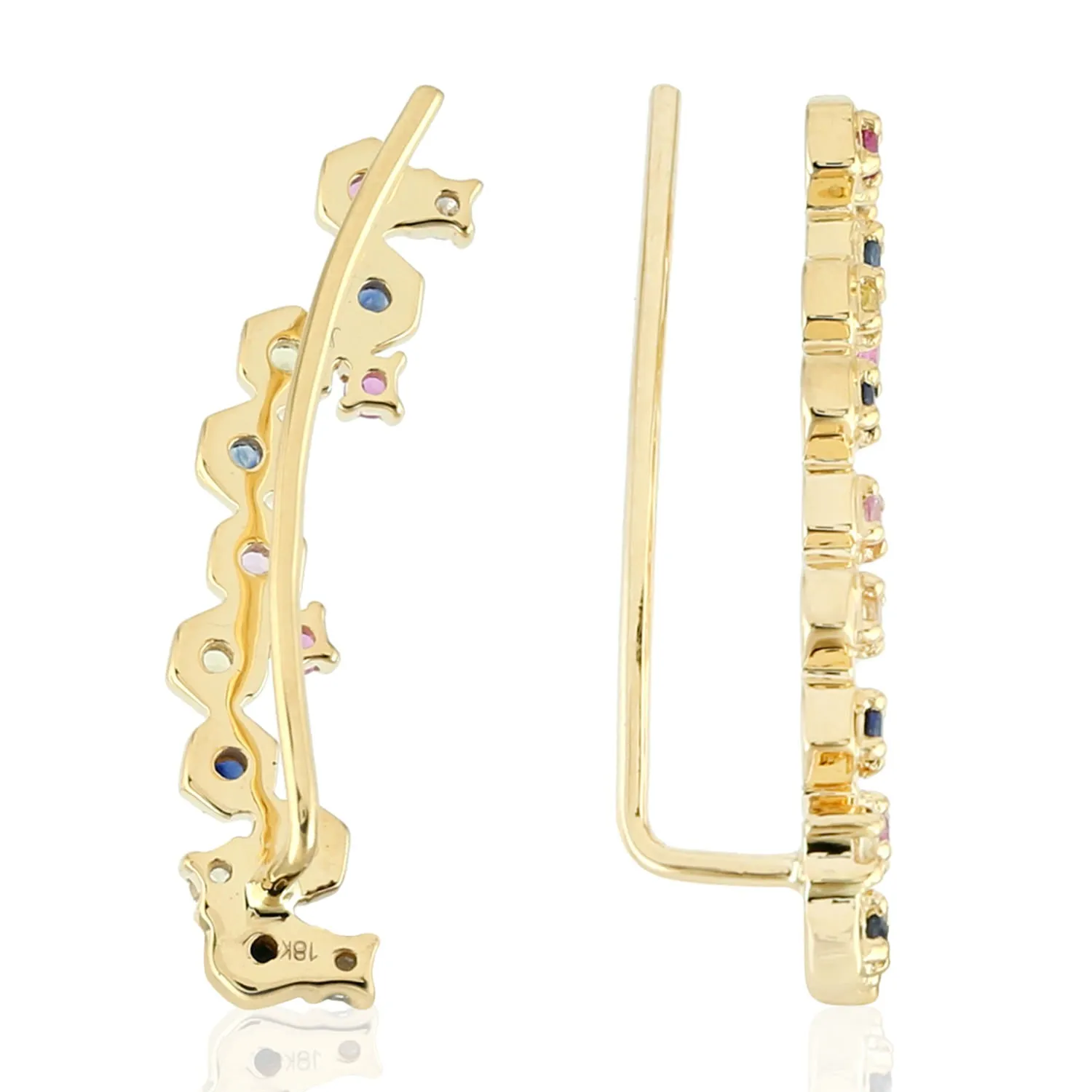 Natural Sapphire Ear Climber Earrings 18K Yellow Gold Diamond Jewelry Gift