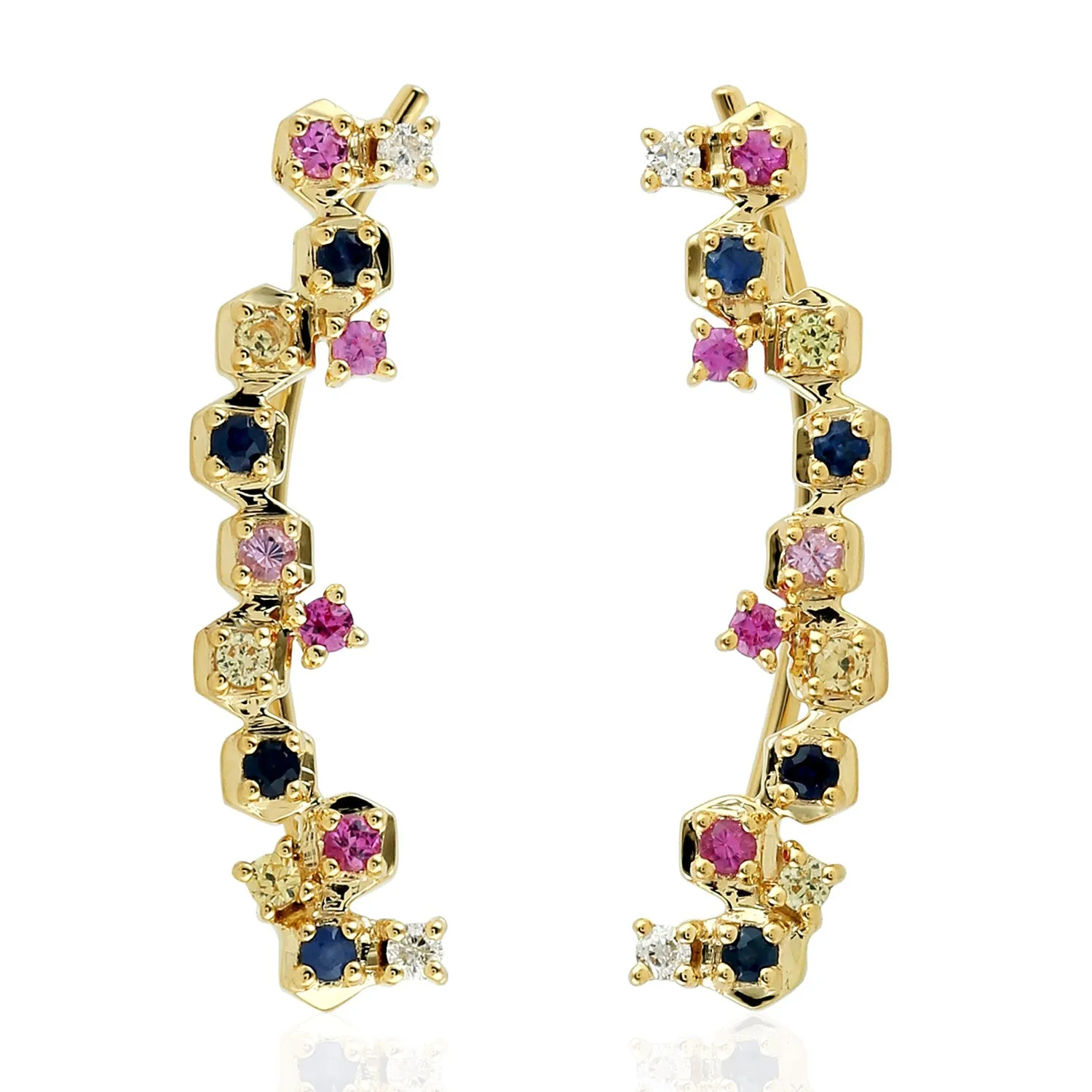 Natural Sapphire Ear Climber Earrings 18K Yellow Gold Diamond Jewelry Gift