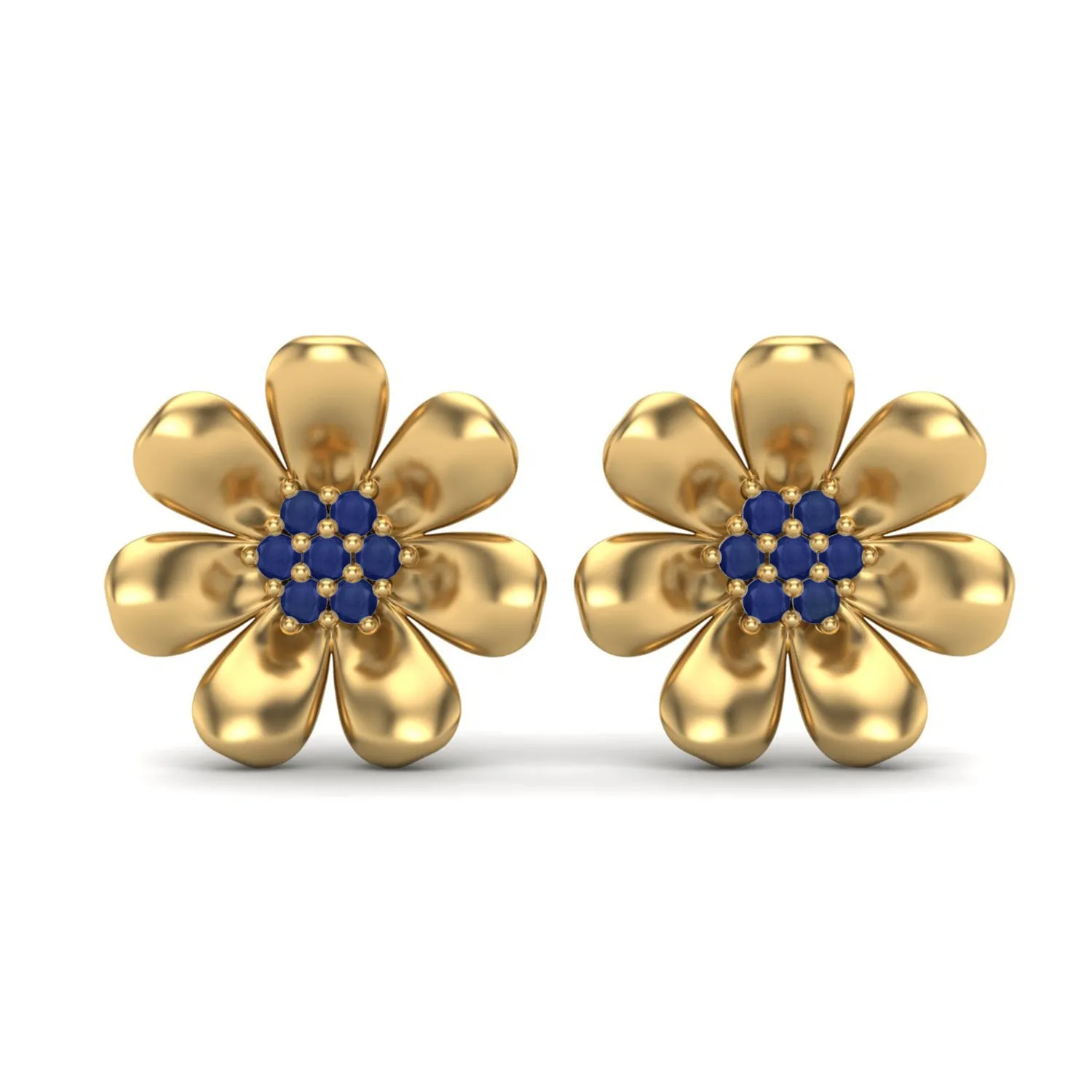 Nature Inspired 9k Yellow Gold Natural Blue Sapphire Floral Minimalist Earrings