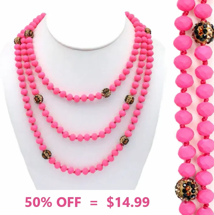 Neon Pink & Leopard Bling Beaded 60" Layering Necklace