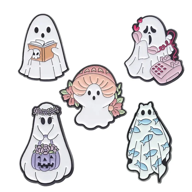 New Cartoon Enamel Pin Set Custome Punk Gothic Skeleton Ghost Boo Cute Cat Brooches Backpack Lapel Badges Jewelry Gift for Kids