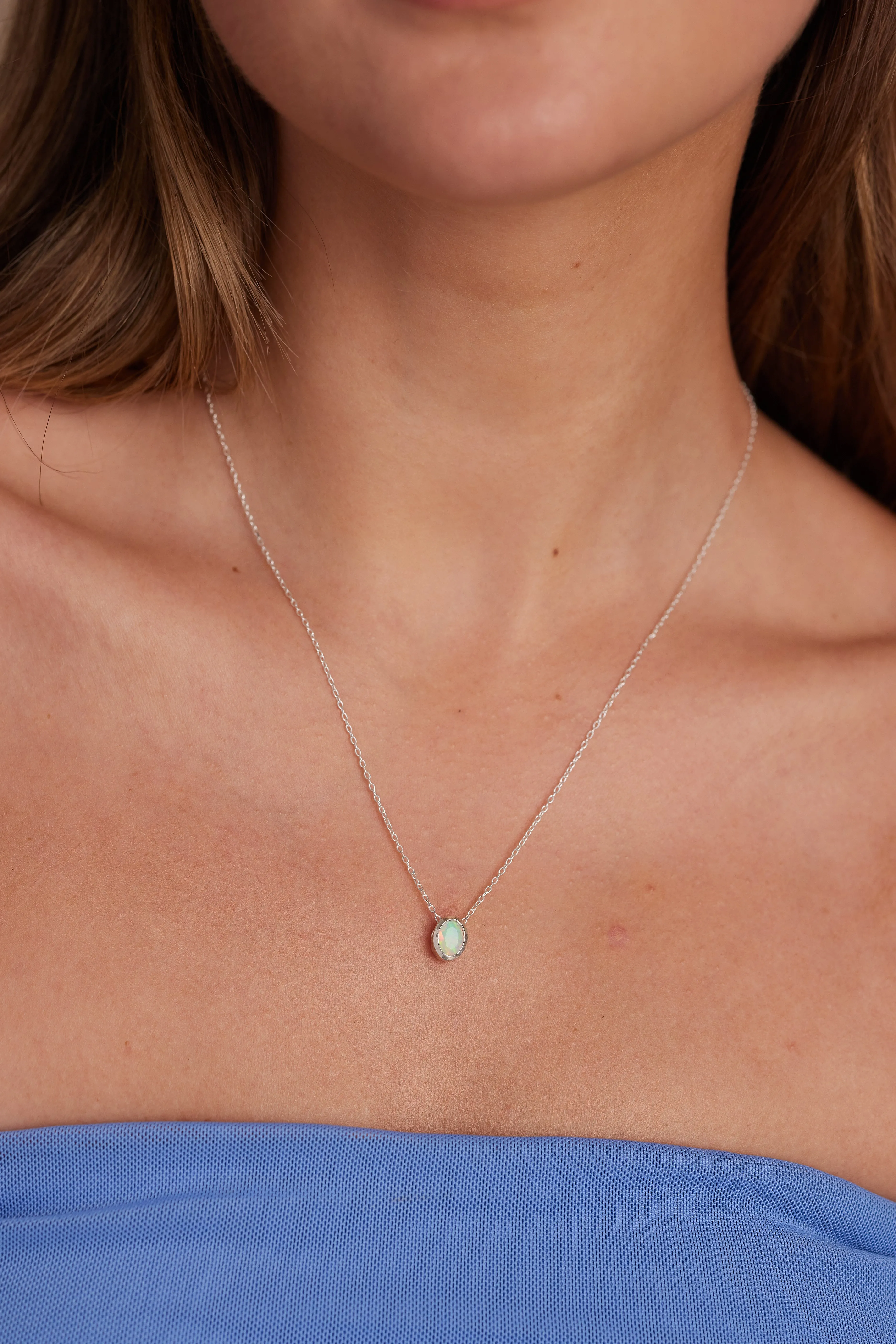 October Opal Silver Oval Birthstone Necklace