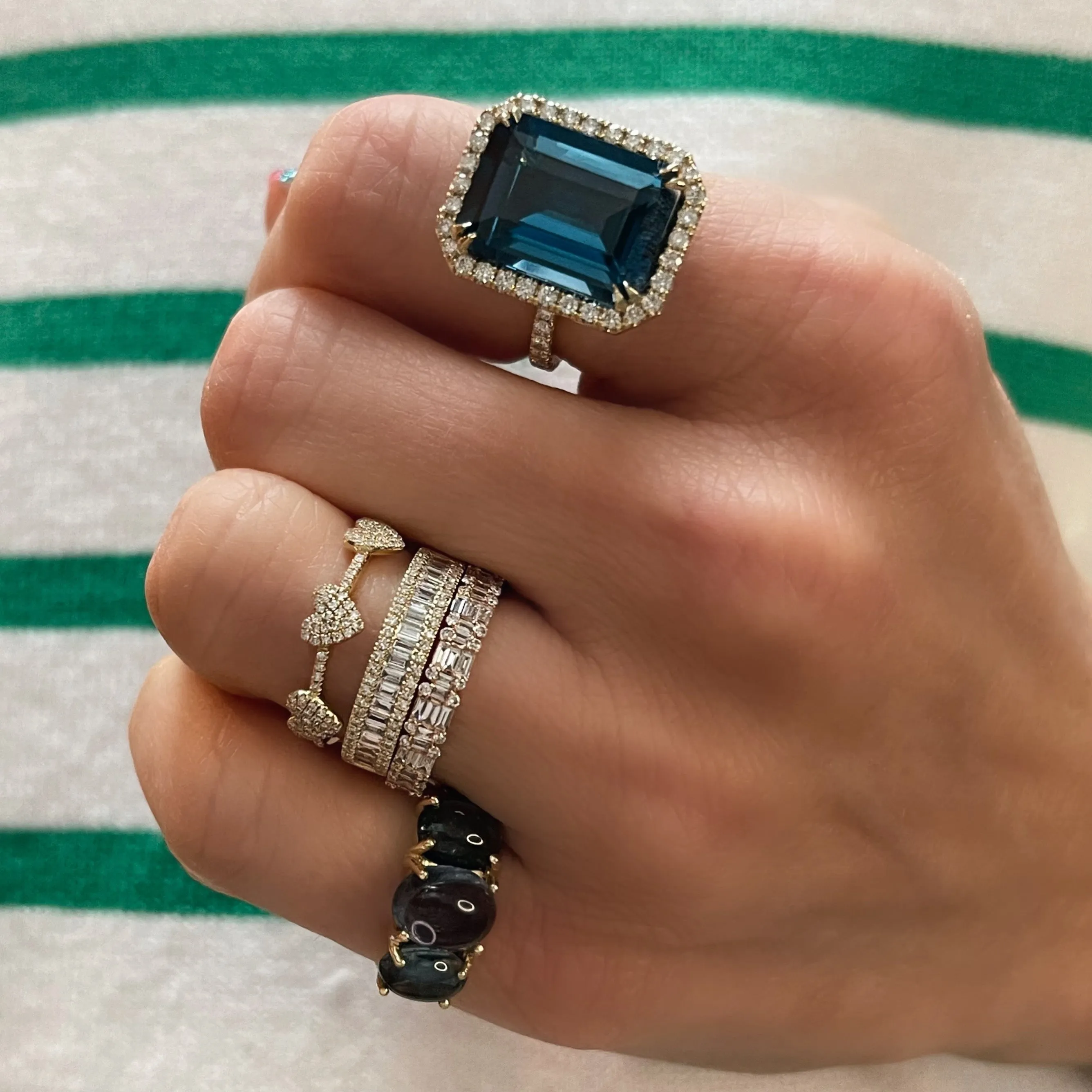 One of a Kind Emerald Cut London Blue Topaz Ring with Diamond Frame