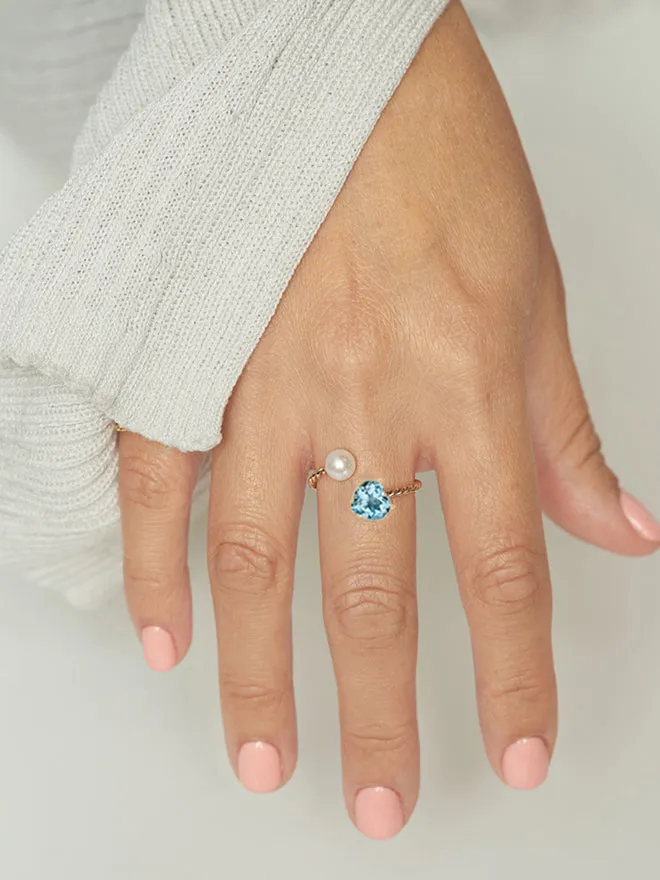 Open Twist Gem Heart Pearl Ring