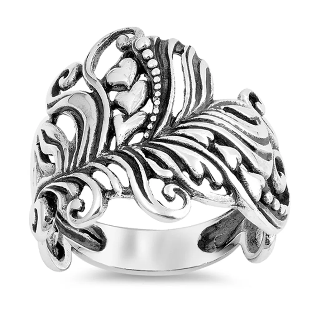 Oxidized Heart Filigree Leaf Cocktail Ring .925 Sterling Silver Band Sizes 5-10