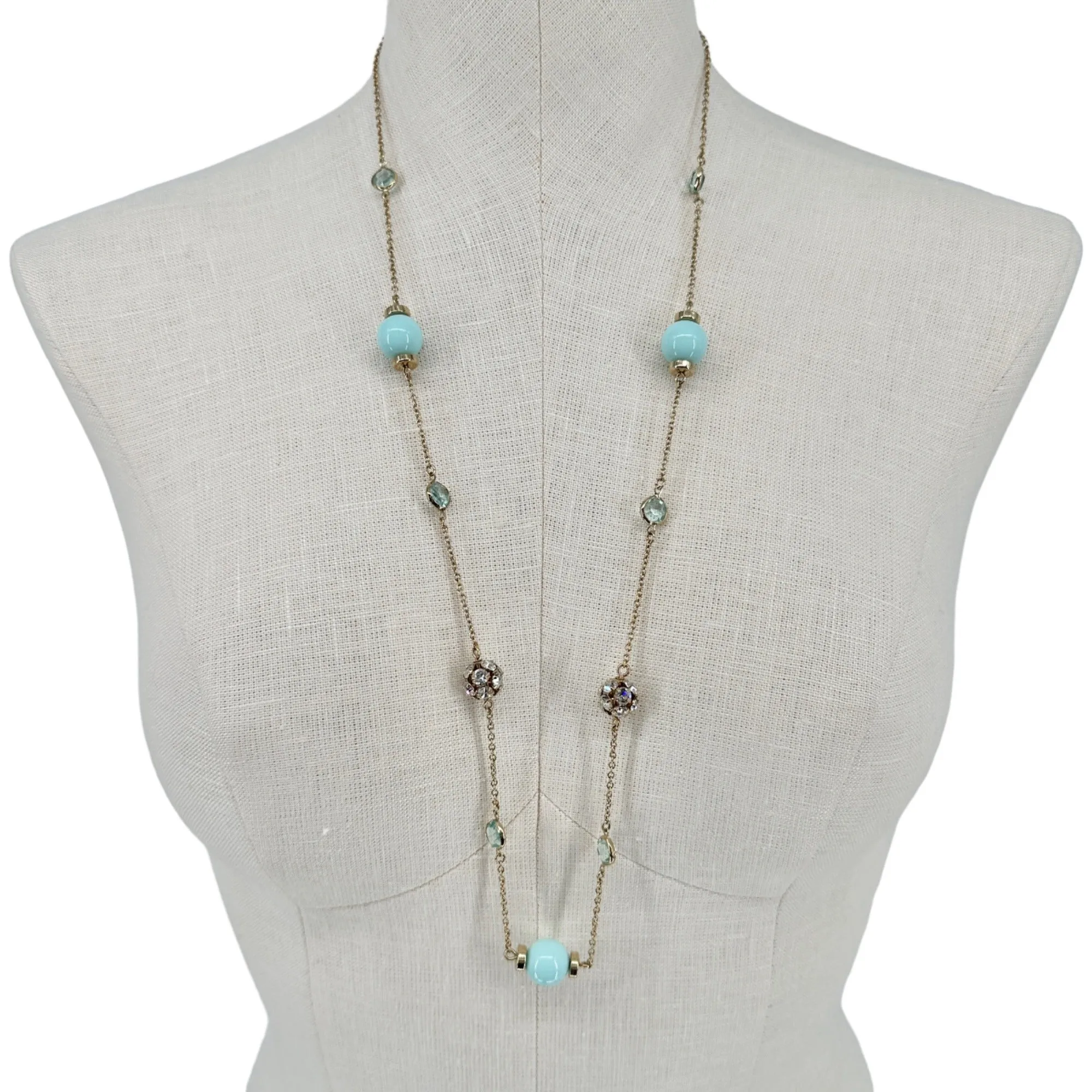 Pair of J. Crew Necklaces Identical Goldtone Chain Light Blue Beads and Gems