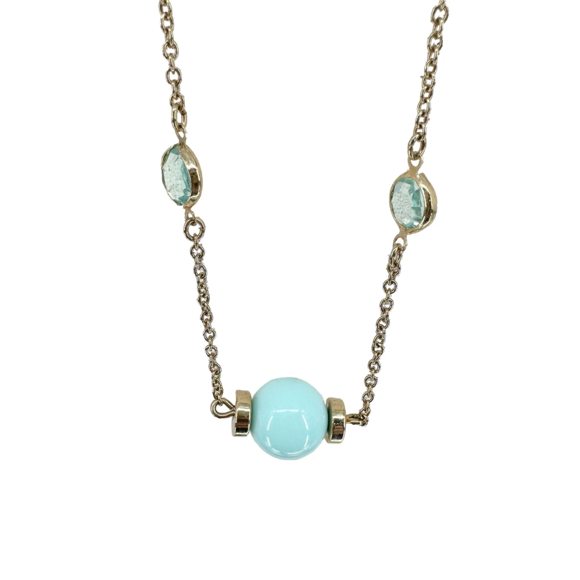 Pair of J. Crew Necklaces Identical Goldtone Chain Light Blue Beads and Gems