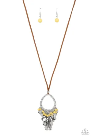 Paradise Pageantry - Yellow - Beaded Silver Teardrop Pendant Suede Cord Paparazzi Necklace
