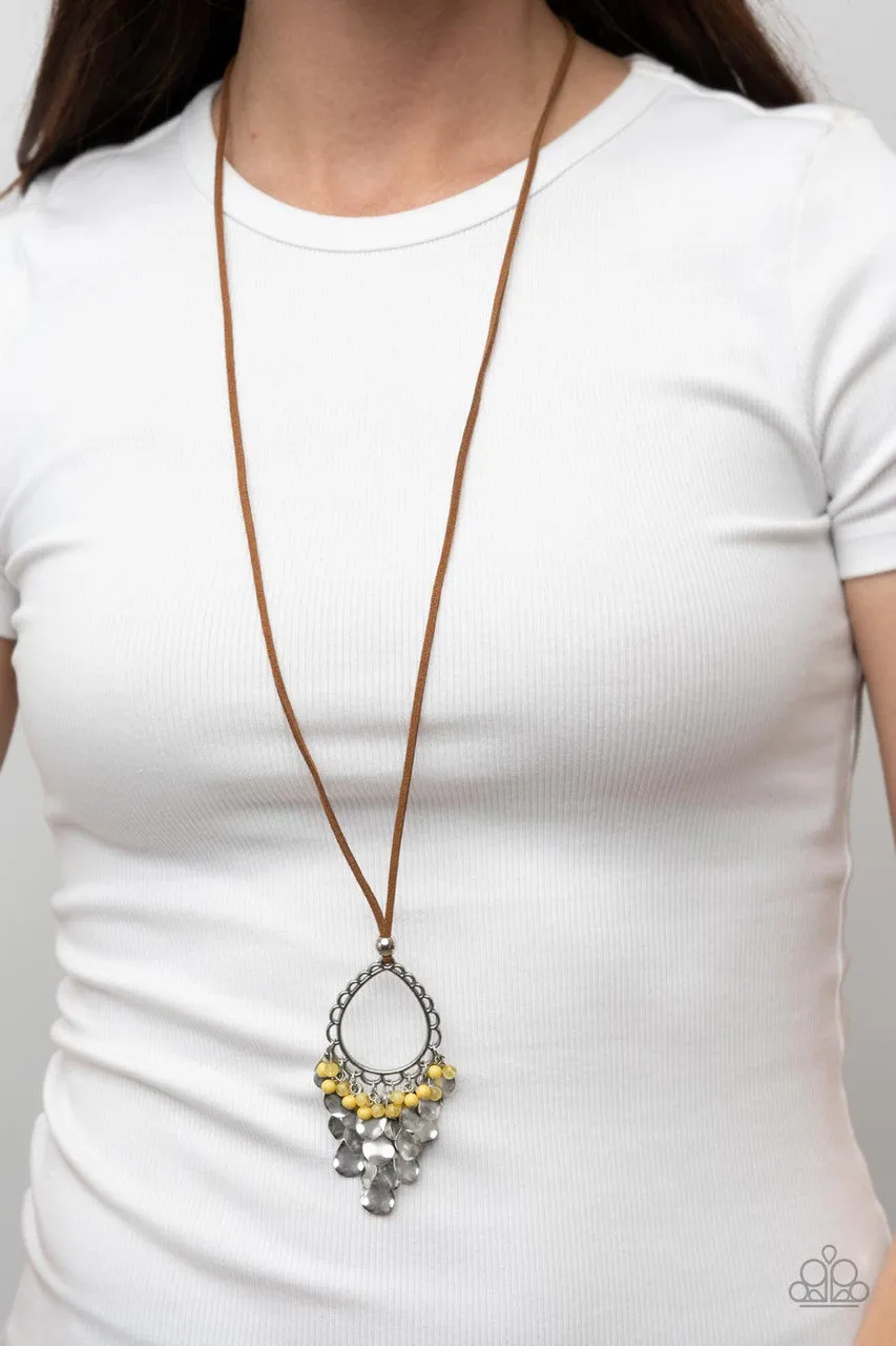 Paradise Pageantry - Yellow - Beaded Silver Teardrop Pendant Suede Cord Paparazzi Necklace