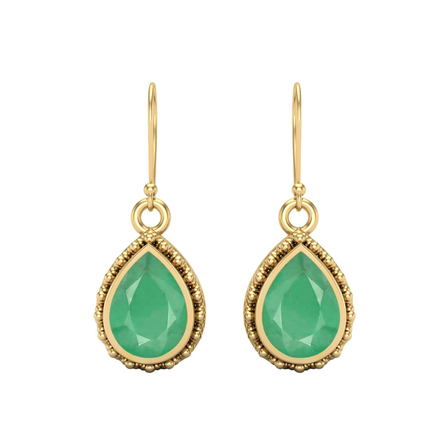 Pear Shape Emerald Zambia 9k Yellow Gold Wire Hook Teardrop Women Earrings