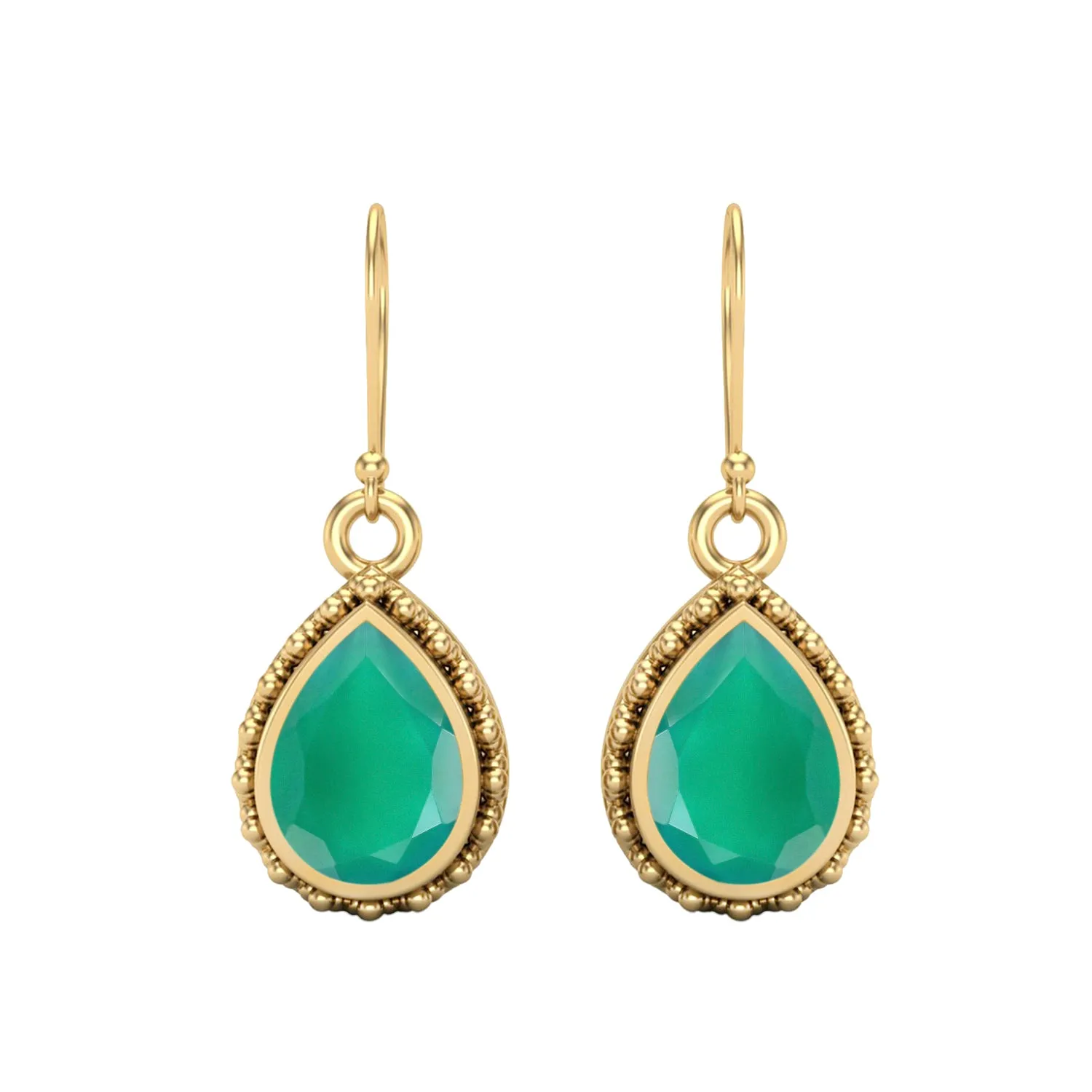 Pear Shape Green Onyx 9k Yellow Gold Wire Hook Teardrop Women Earrings