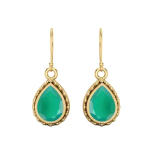 Pear Shape Green Onyx 9k Yellow Gold Wire Hook Teardrop Women Earrings