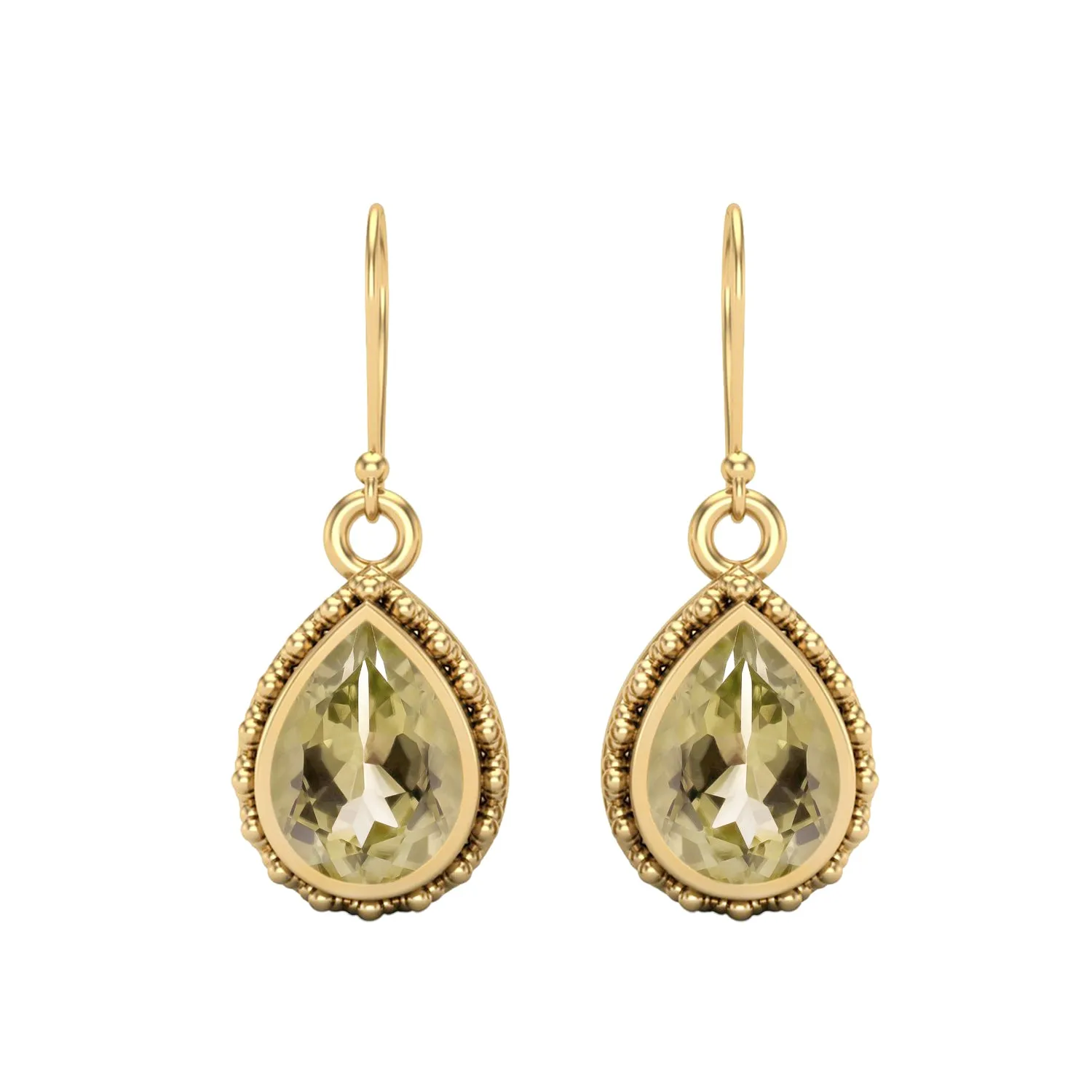 Pear Shape Lemon Quartz 9k Yellow Gold Wire Hook Teardrop Women Earrings