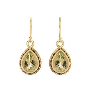Pear Shape Lemon Quartz 9k Yellow Gold Wire Hook Teardrop Women Earrings