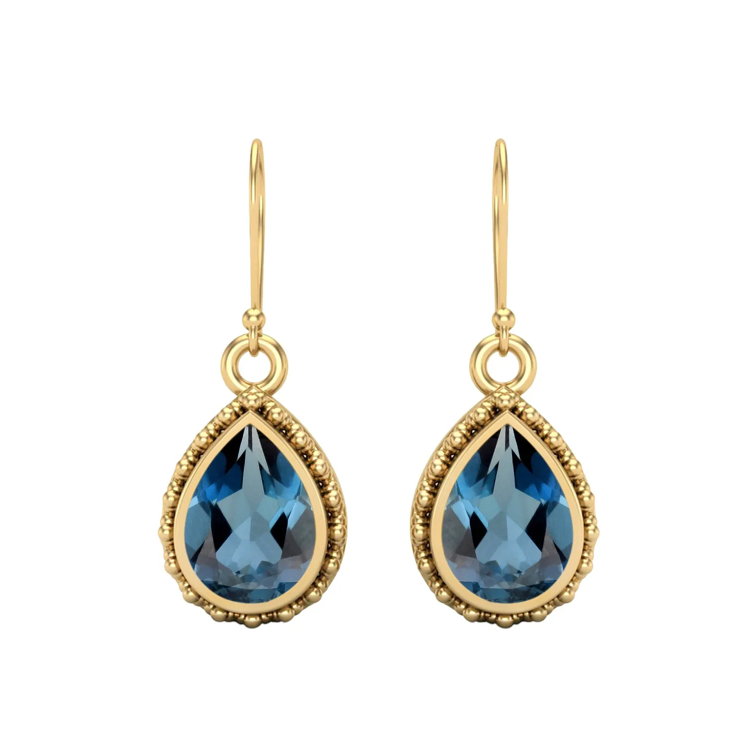 Pear Shape London Blue Topaz 9k Yellow Gold Wire Hook Teardrop Earrings