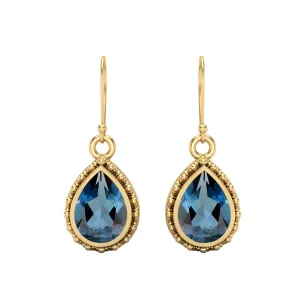 Pear Shape London Blue Topaz 9k Yellow Gold Wire Hook Teardrop Earrings