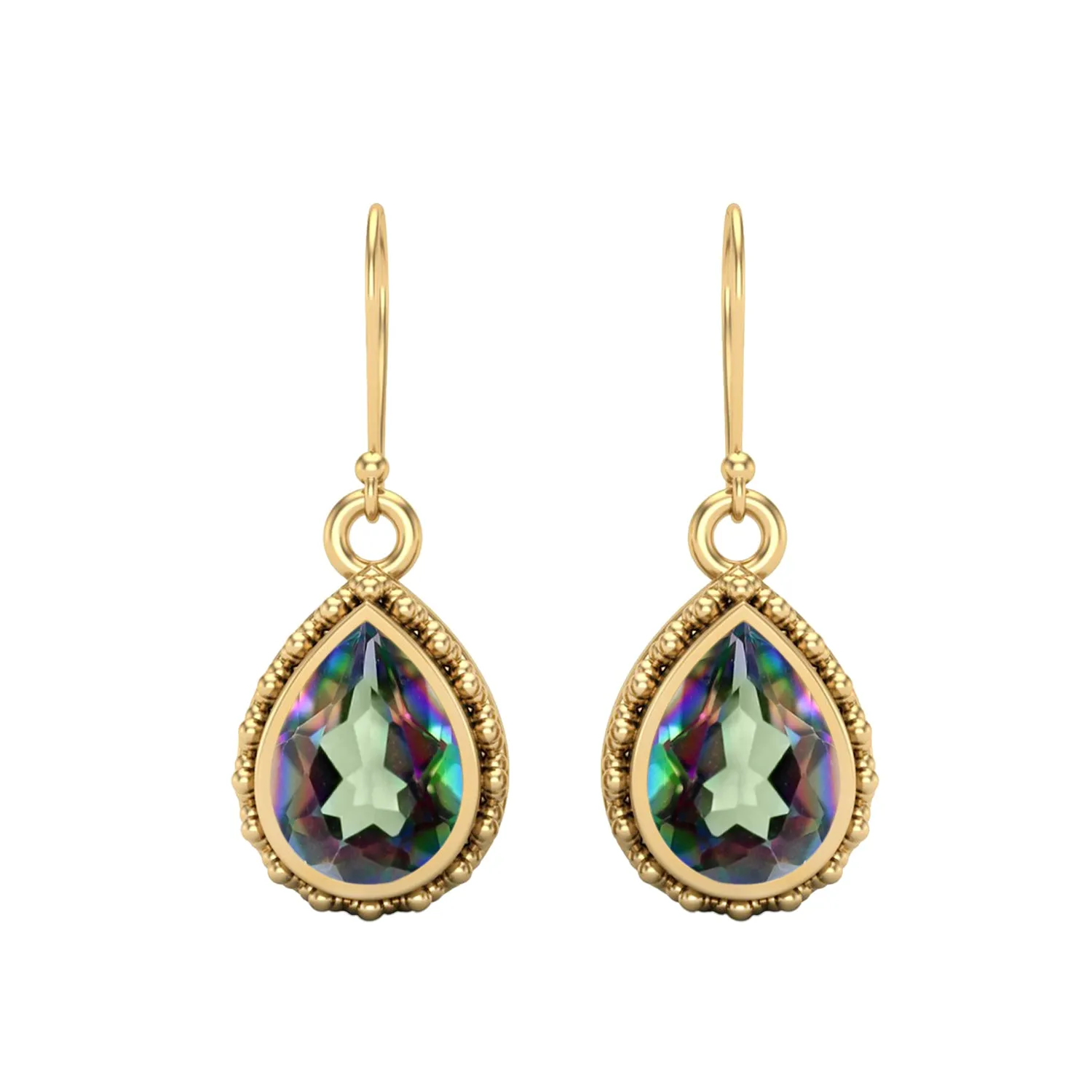 Pear Shape Mystic Topaz 9k Yellow Gold Wire Hook Teardrop Women Earrings