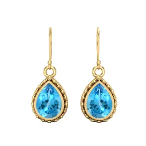 Pear Shape Swiss Blue Topaz 9k Yellow Gold Wire Hook Teardrop Earrings