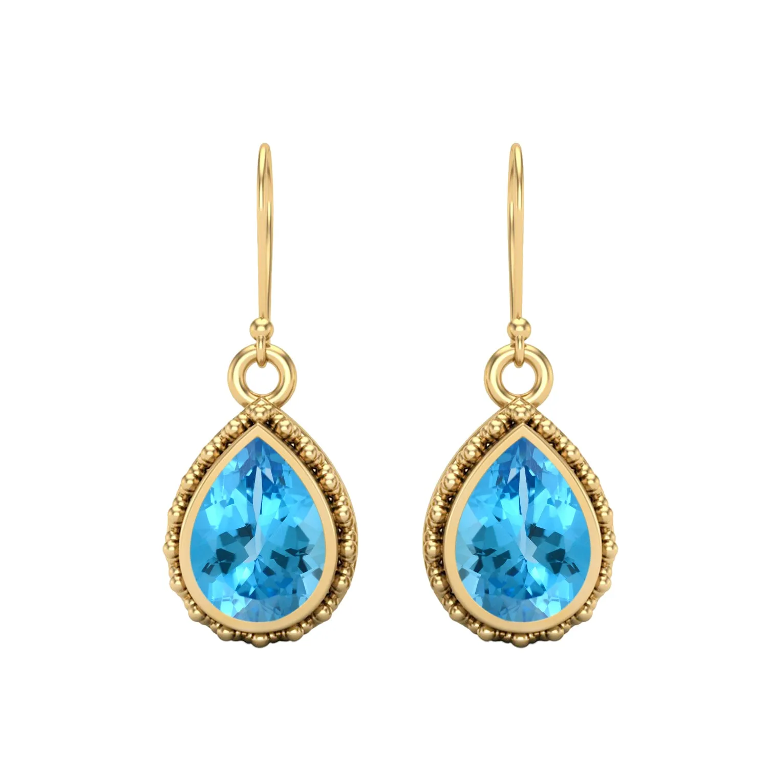 Pear Shape Swiss Blue Topaz 9k Yellow Gold Wire Hook Teardrop Earrings