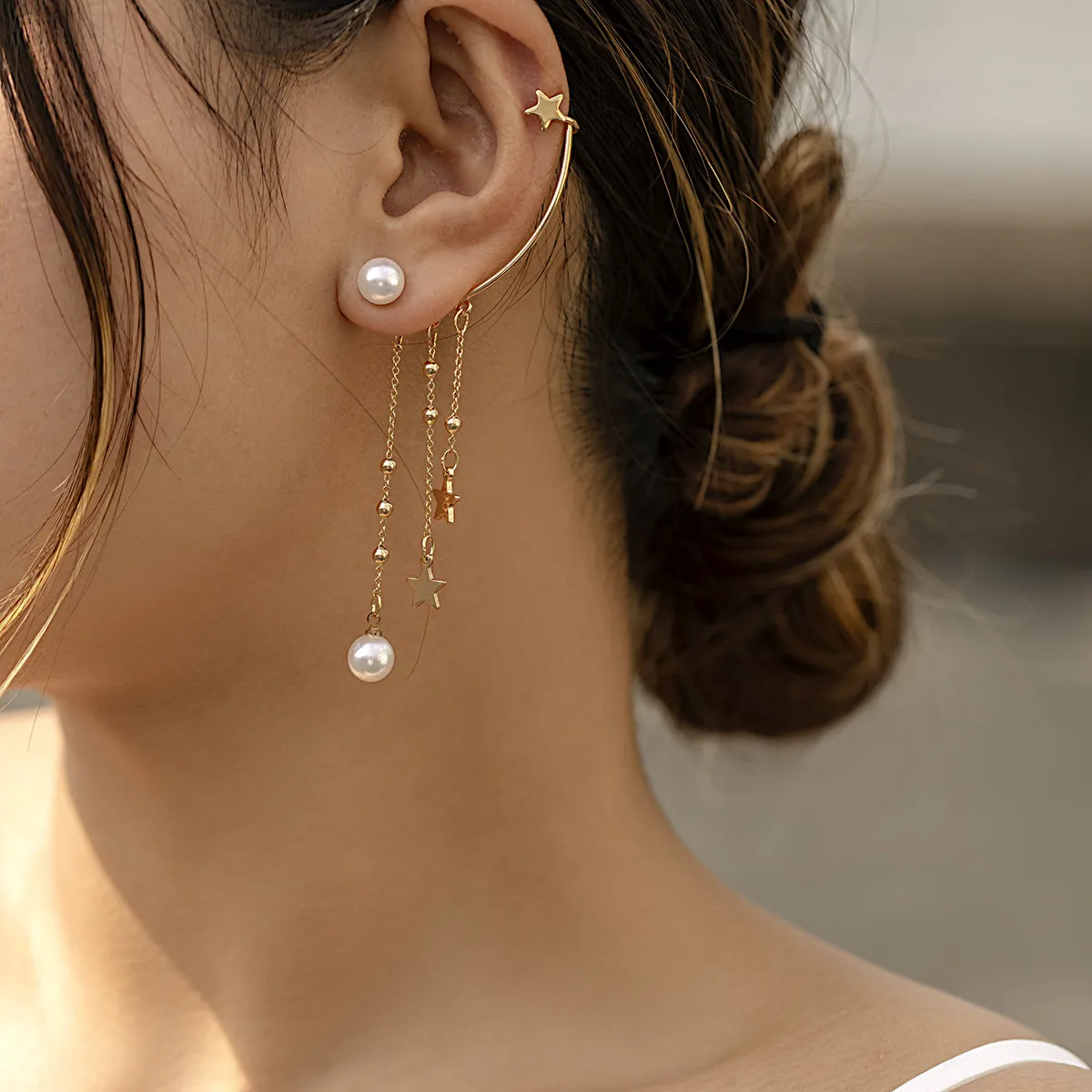 Pearl & 18K Gold-Plated Star Tassel Ear Climber