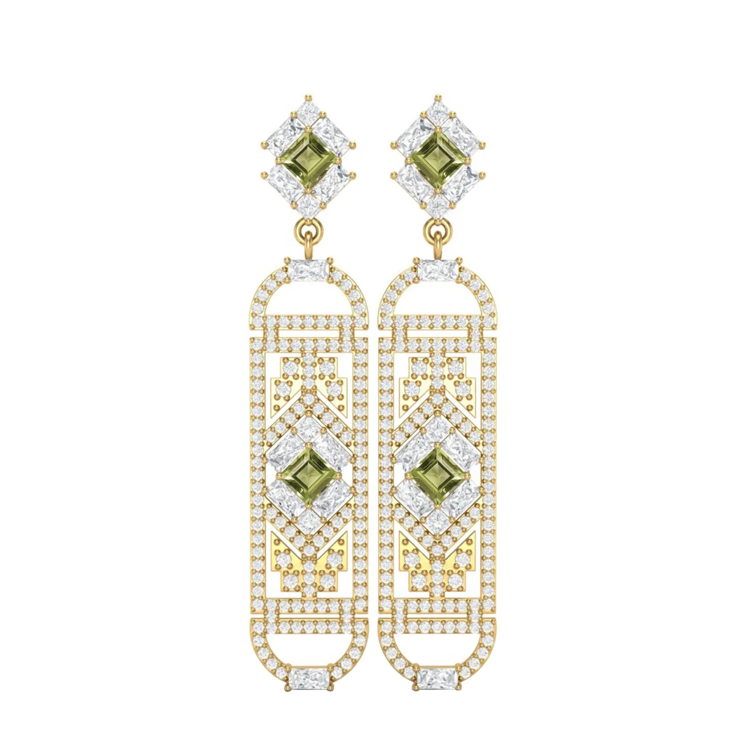 Peridot Cylindrical Long Drop Dangle Women Earrings 9k Yellow Gold