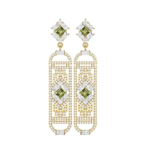 Peridot Cylindrical Long Drop Dangle Women Earrings 9k Yellow Gold
