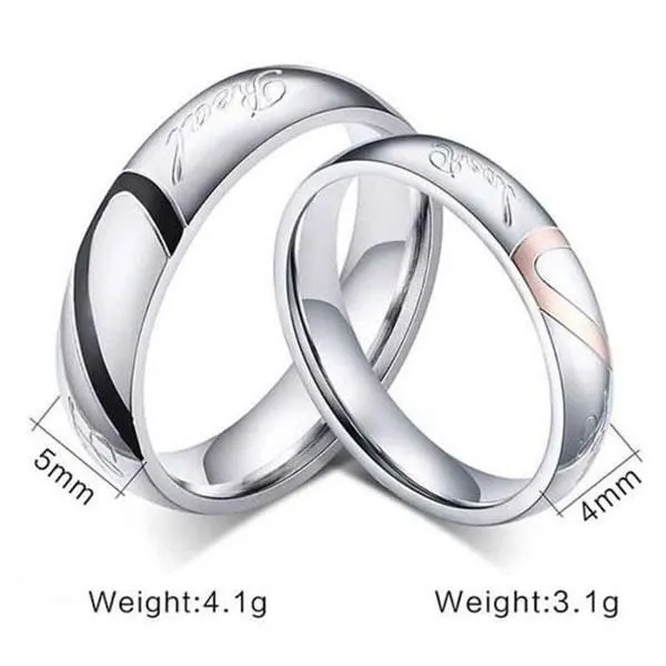 Personalized Two Tone Heart Titanium Steel Couple Rings