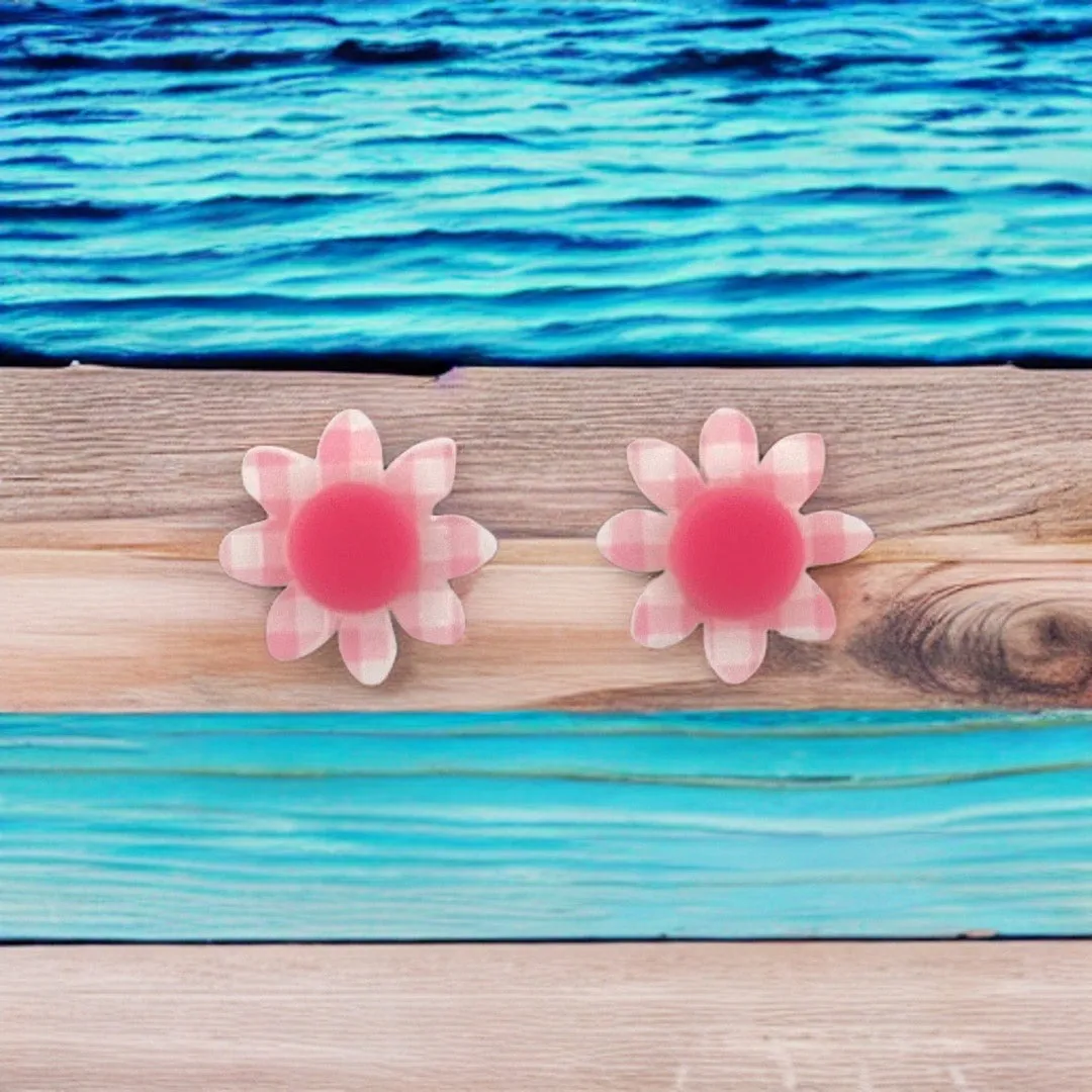 Pink gingham flower 🌸 - stud