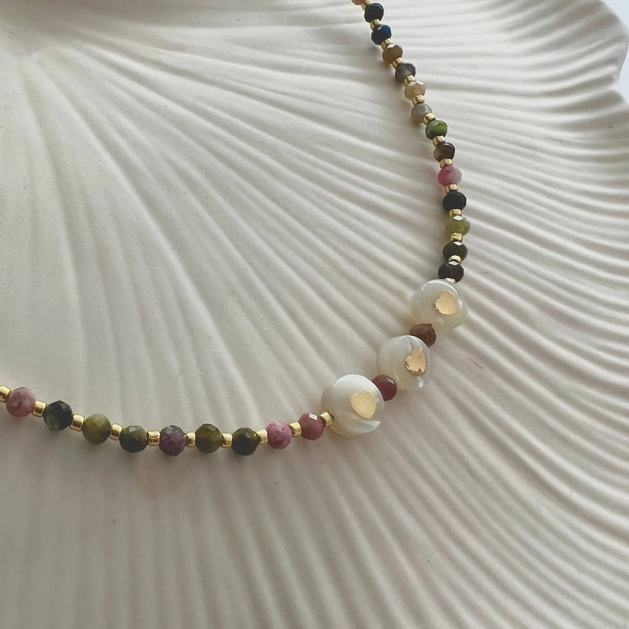 Precious stone Tourmaline beaded necklace with heart charm