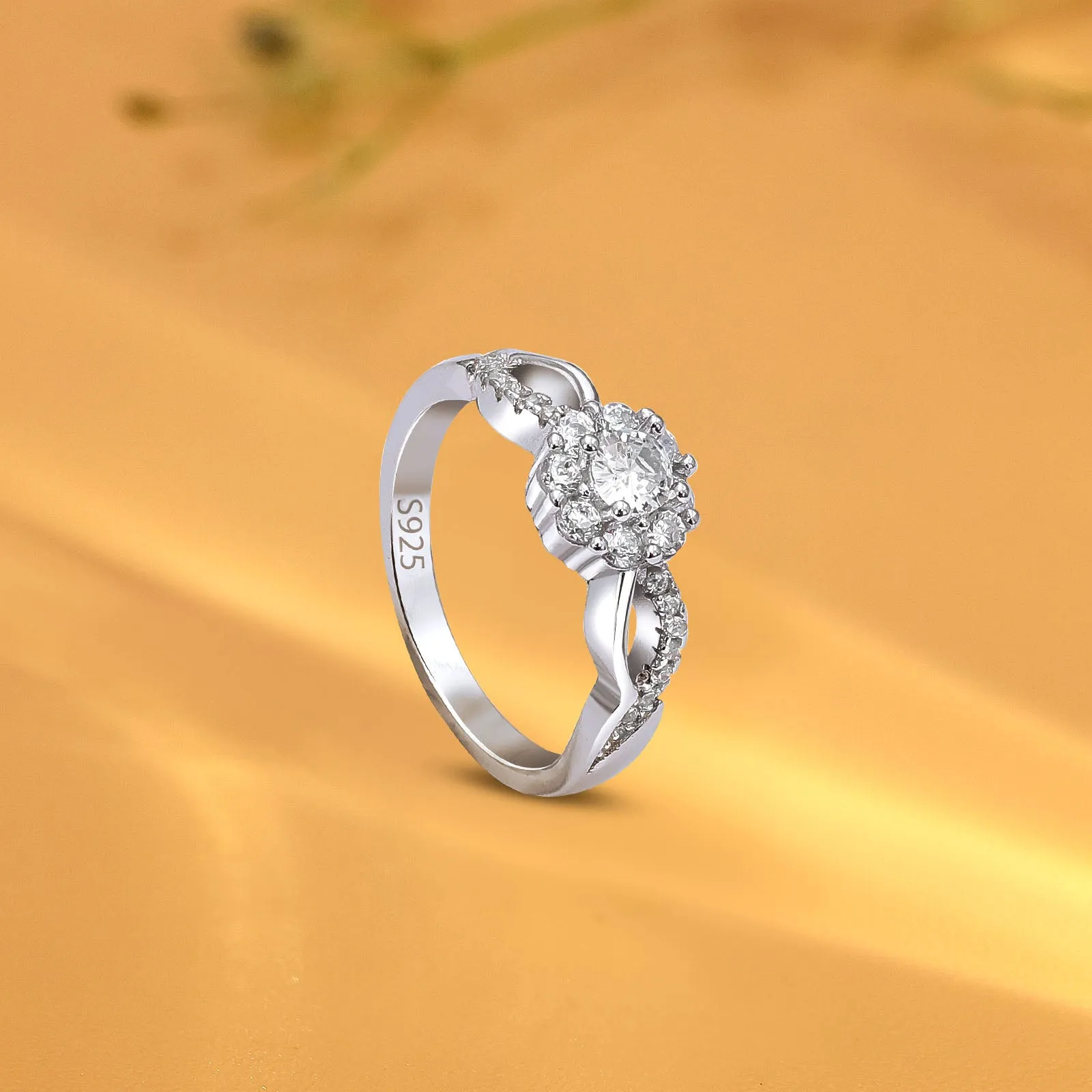 Pure Silver Ring - Floral Halo CZ Stone Ring