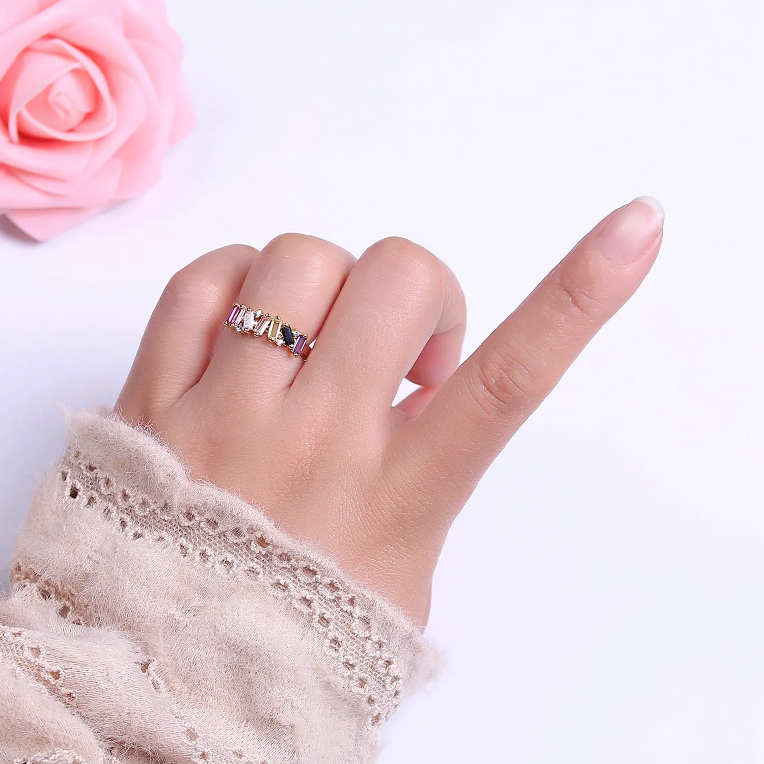 Rainbow CZ Irregular Baguette Adjustable Ring Rainbow Jagged Baguette Ring, CZ Stackable Ring S-525