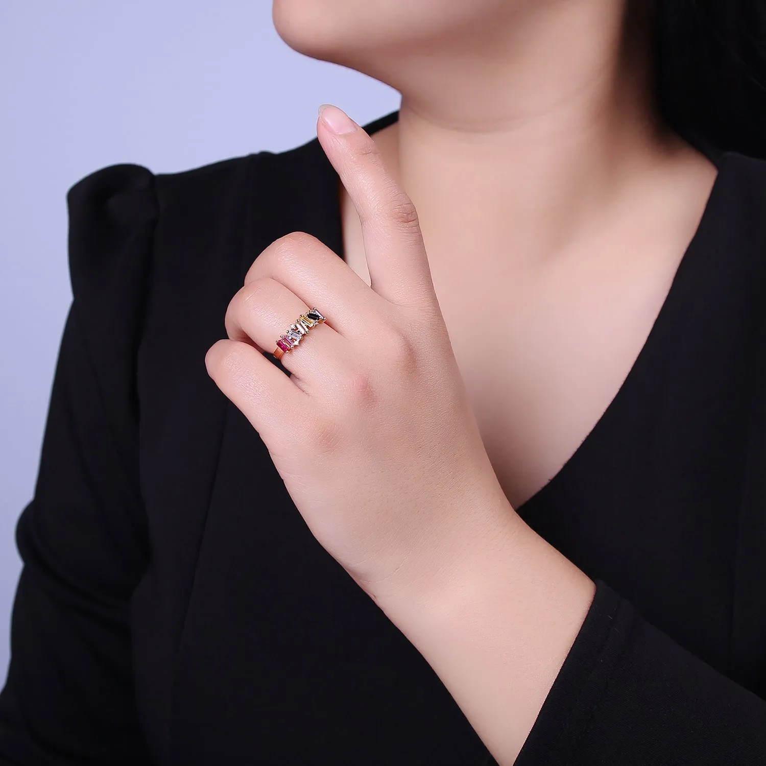 Rainbow CZ Irregular Baguette Adjustable Ring Rainbow Jagged Baguette Ring, CZ Stackable Ring S-525