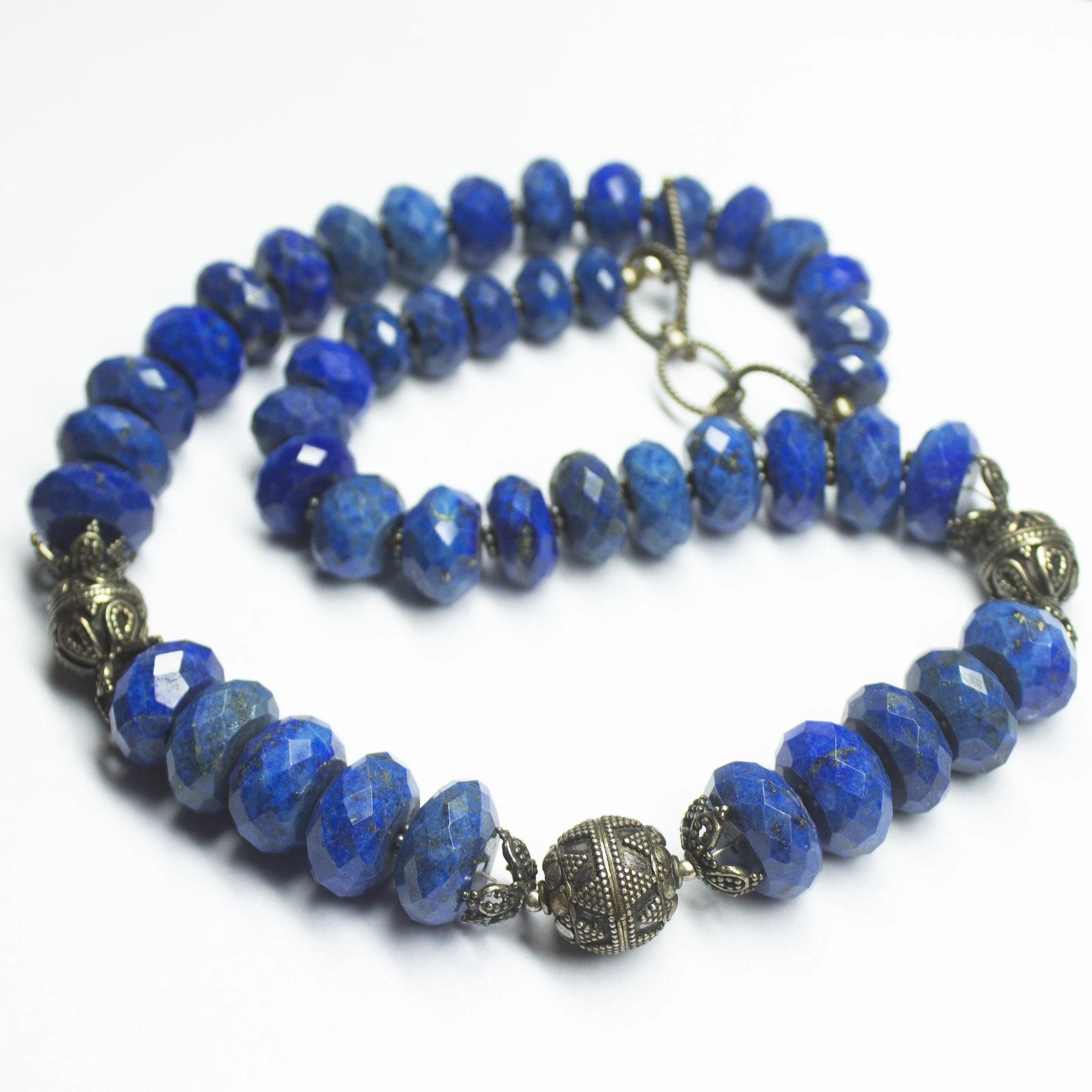 Ready to wear - Lapis Lazuli Faceted Rondelle Oxidised 925 Sterling Silver Beaded Necklace