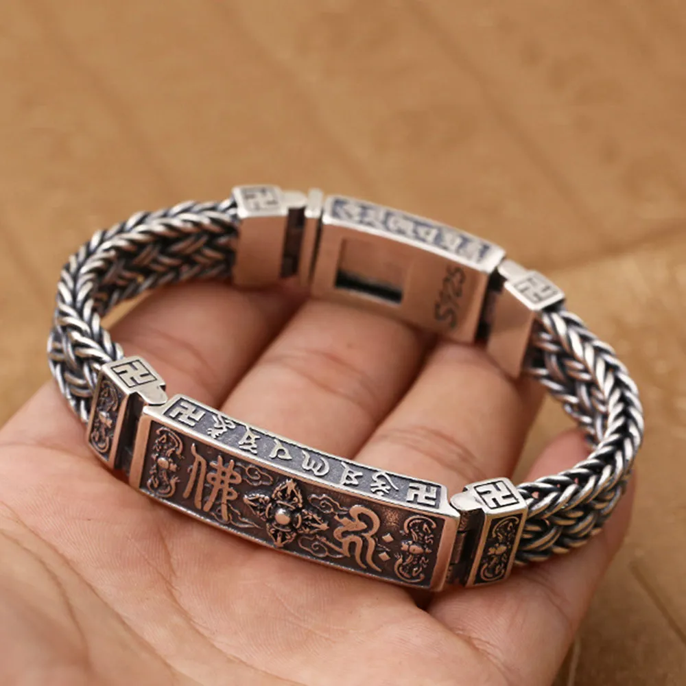 Real Solid 925 Sterling Silver Bracelet Vajra Braided Religions Lection Jewelry 7.9"